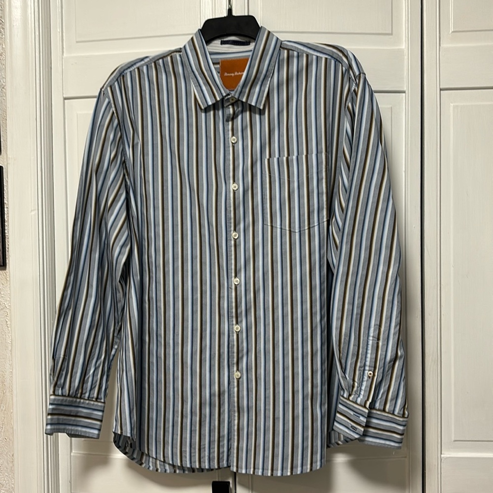 Tommy Bahama striped men’s dress shirt brown, blue, white size XXL, 100% cotton